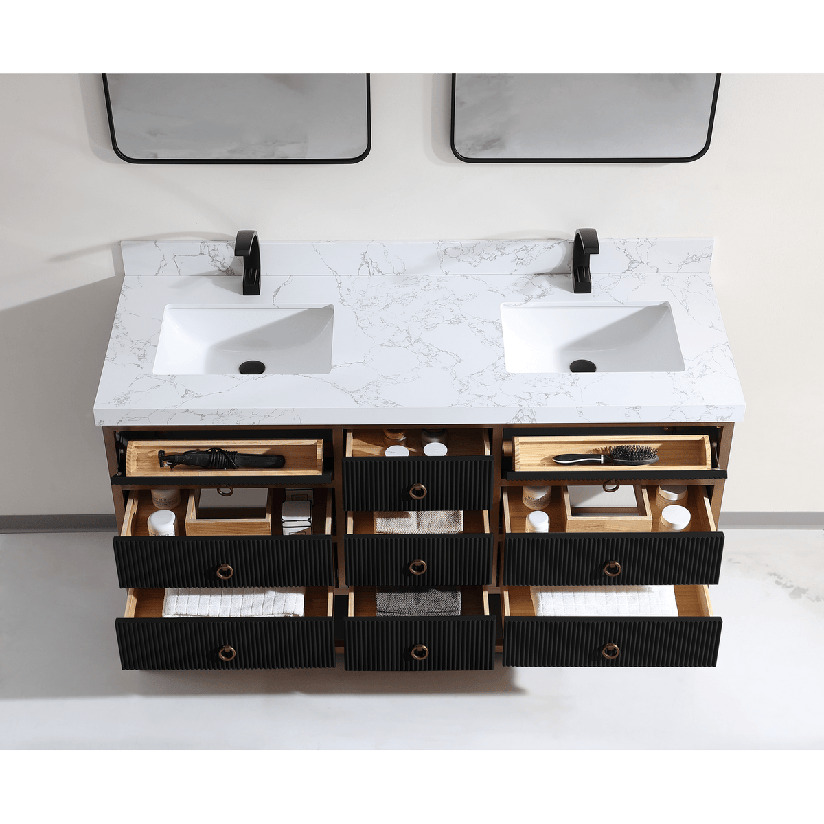 Legion Furniture 60" Double Vanity with Golden Brush Stainless Steel Frame and Tricorn Black Finish with 2" Thick White Artificial Stone Countertop – – –