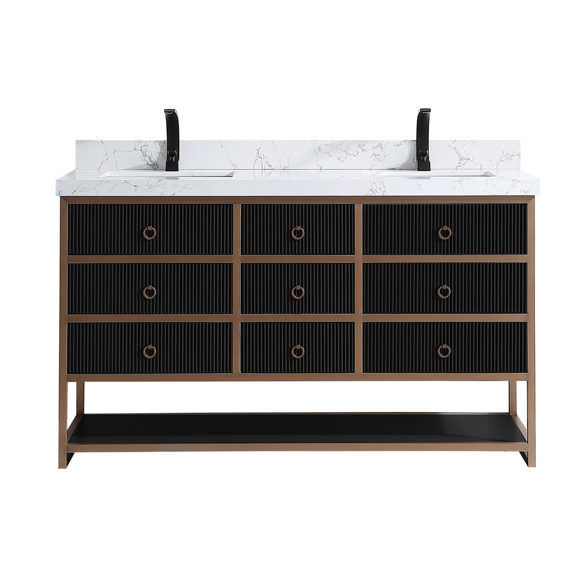 Legion Furniture 60" Double Vanity with Golden Brush Stainless Steel Frame and Tricorn Black Finish with 2" Thick White Artificial Stone Countertop – – –