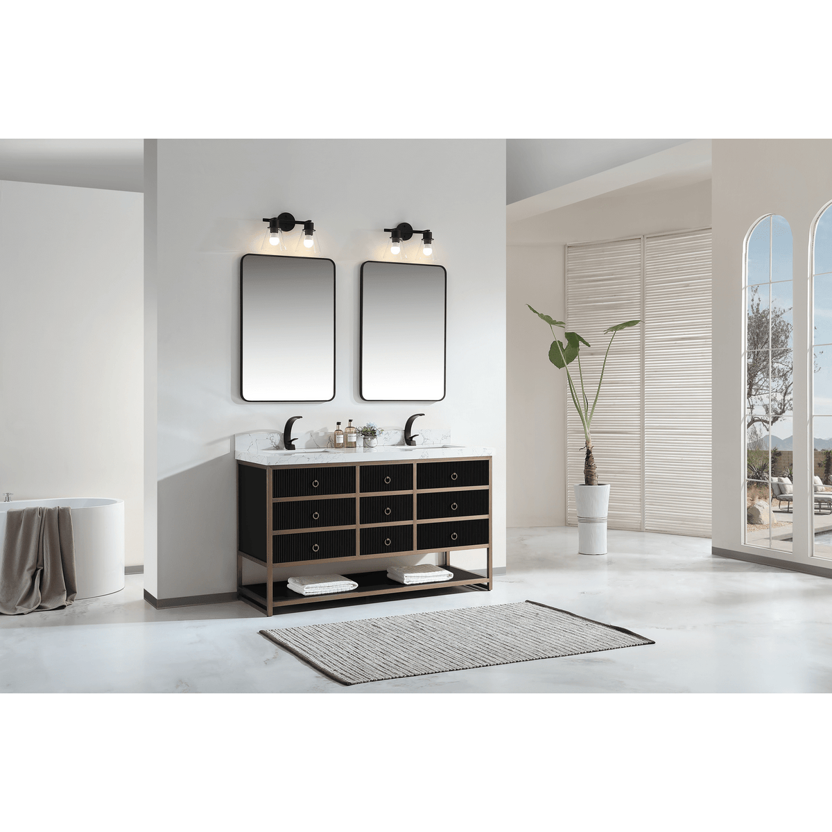 Legion Furniture 60" Double Vanity with Golden Brush Stainless Steel Frame and Tricorn Black Finish with 2" Thick White Artificial Stone Countertop – – –