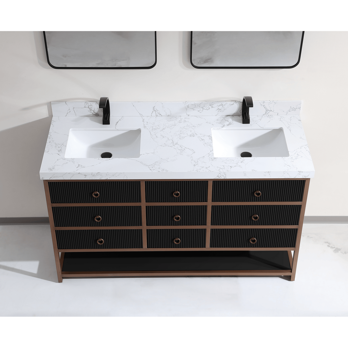 Legion Furniture 60" Double Vanity with Golden Brush Stainless Steel Frame and Tricorn Black Finish with 2" Thick White Artificial Stone Countertop – – –