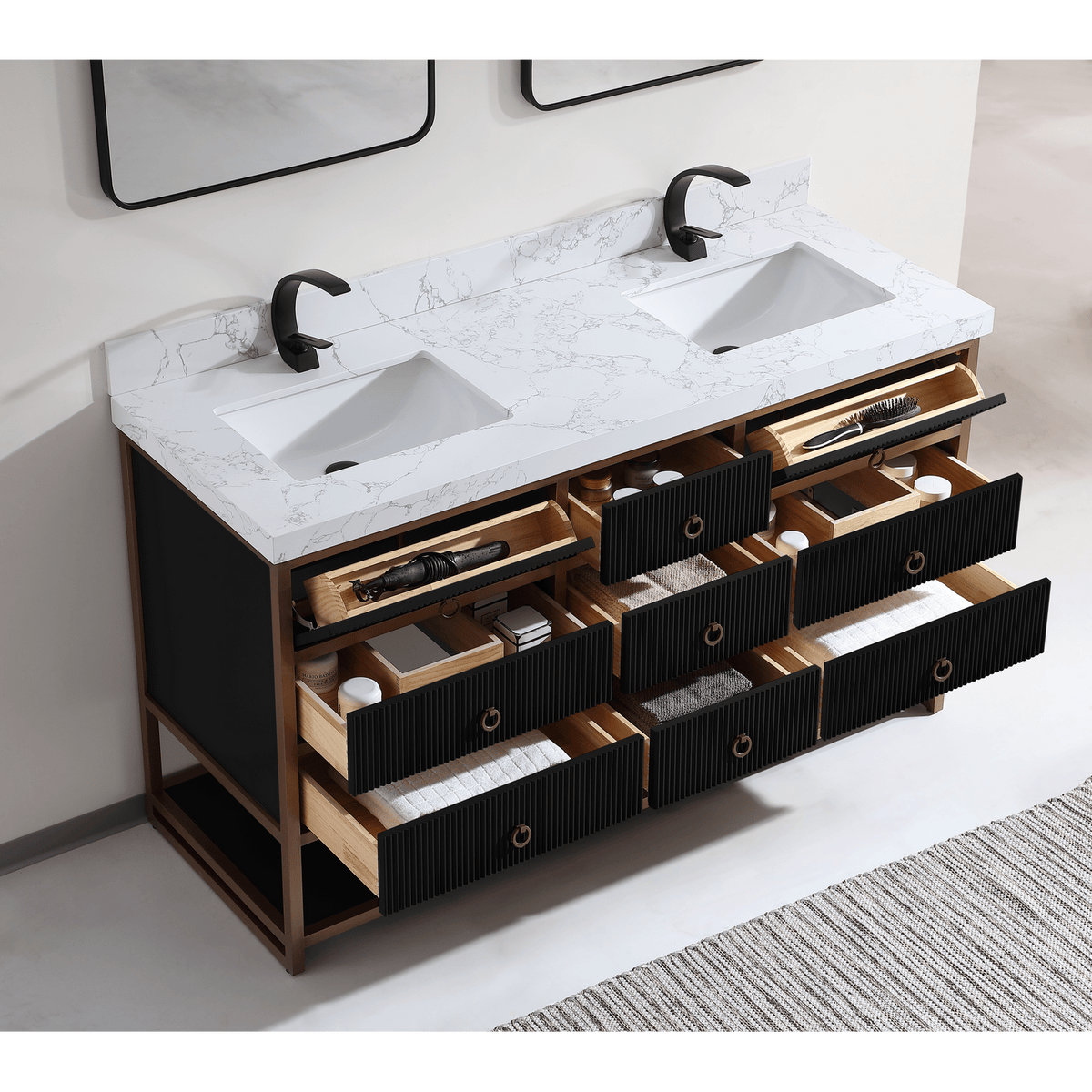 Legion Furniture 60" Double Vanity with Golden Brush Stainless Steel Frame and Tricorn Black Finish with 2" Thick White Artificial Stone Countertop – – –