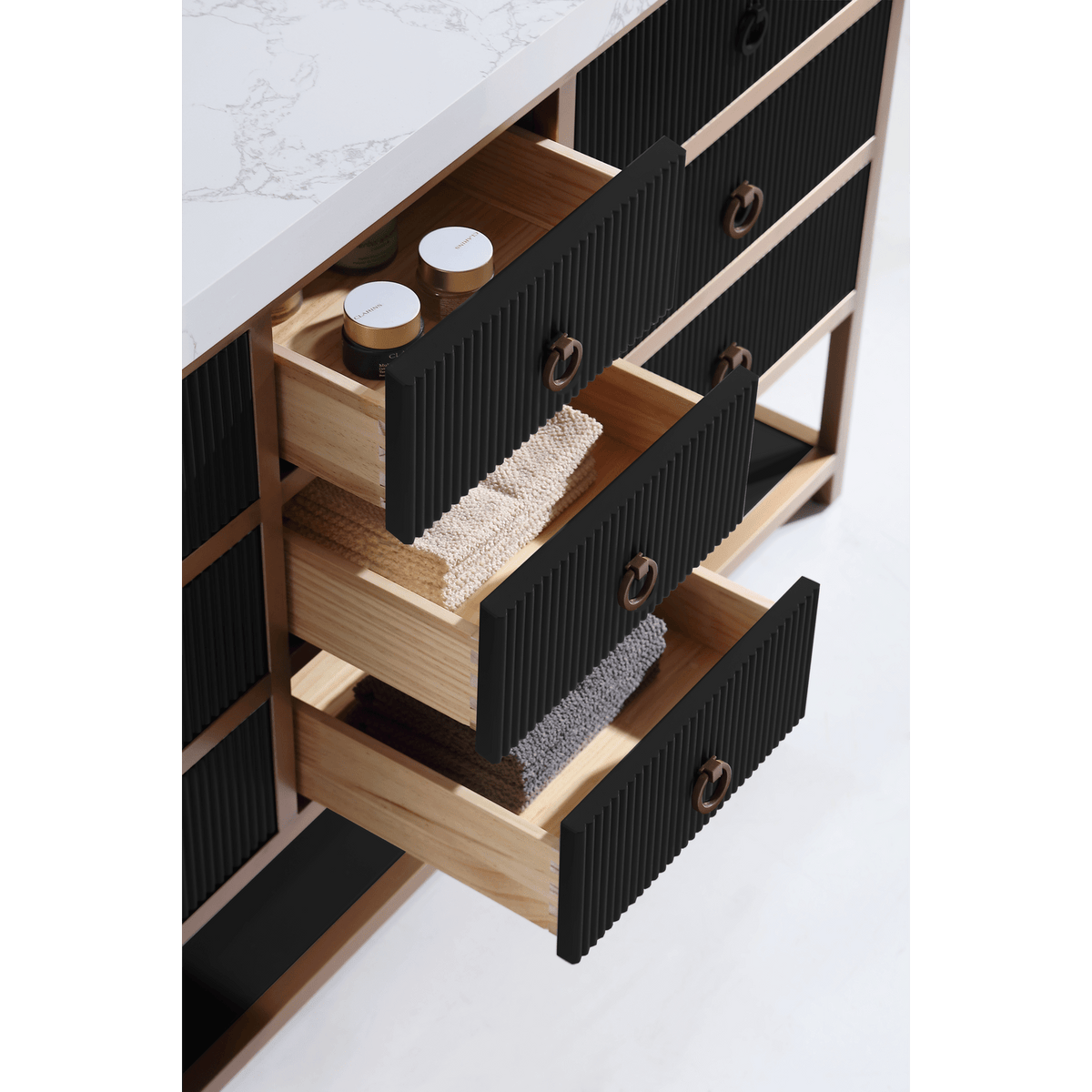 Legion Furniture 60" Double Vanity with Golden Brush Stainless Steel Frame and Tricorn Black Finish with 2" Thick White Natural Marble Countertop – – –