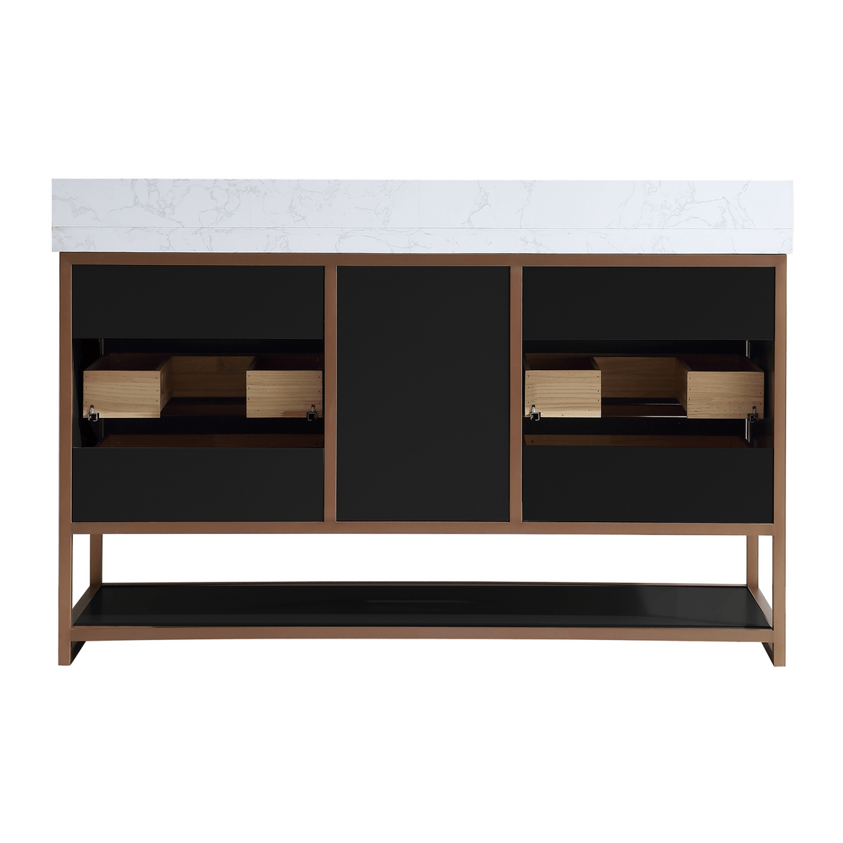 Legion Furniture 60" Double Vanity with Golden Brush Stainless Steel Frame and Tricorn Black Finish with 2" Thick White Natural Marble Countertop – – –