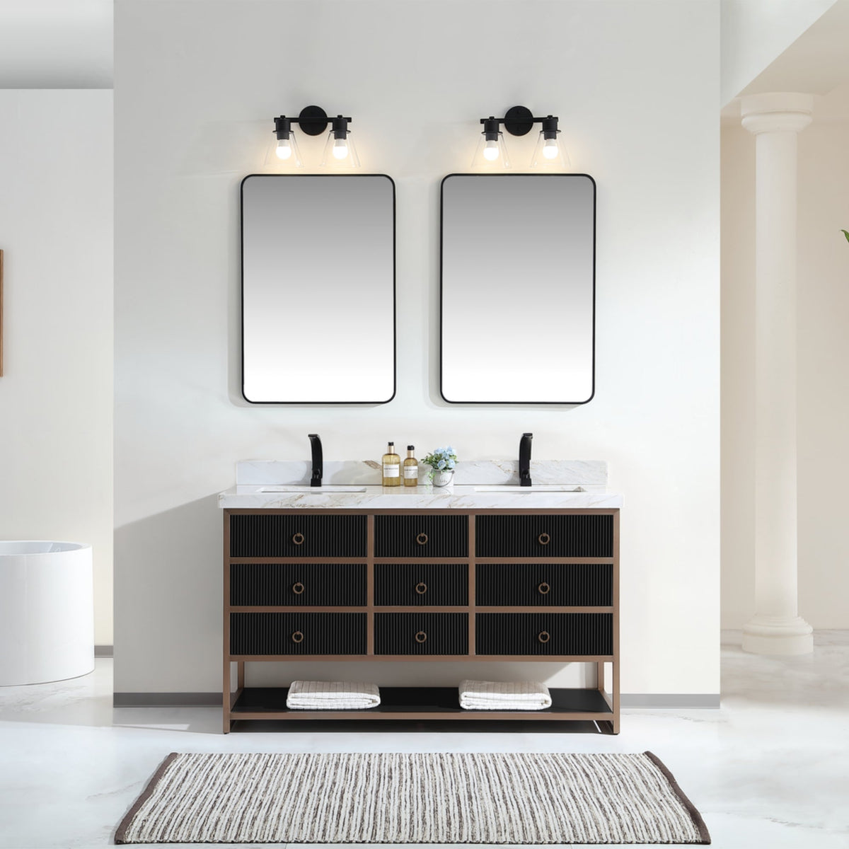 Legion Furniture 60" Double Vanity with Golden Brush Stainless Steel Frame and Tricorn Black Finish with 2" Thick White Natural Marble Countertop – – –