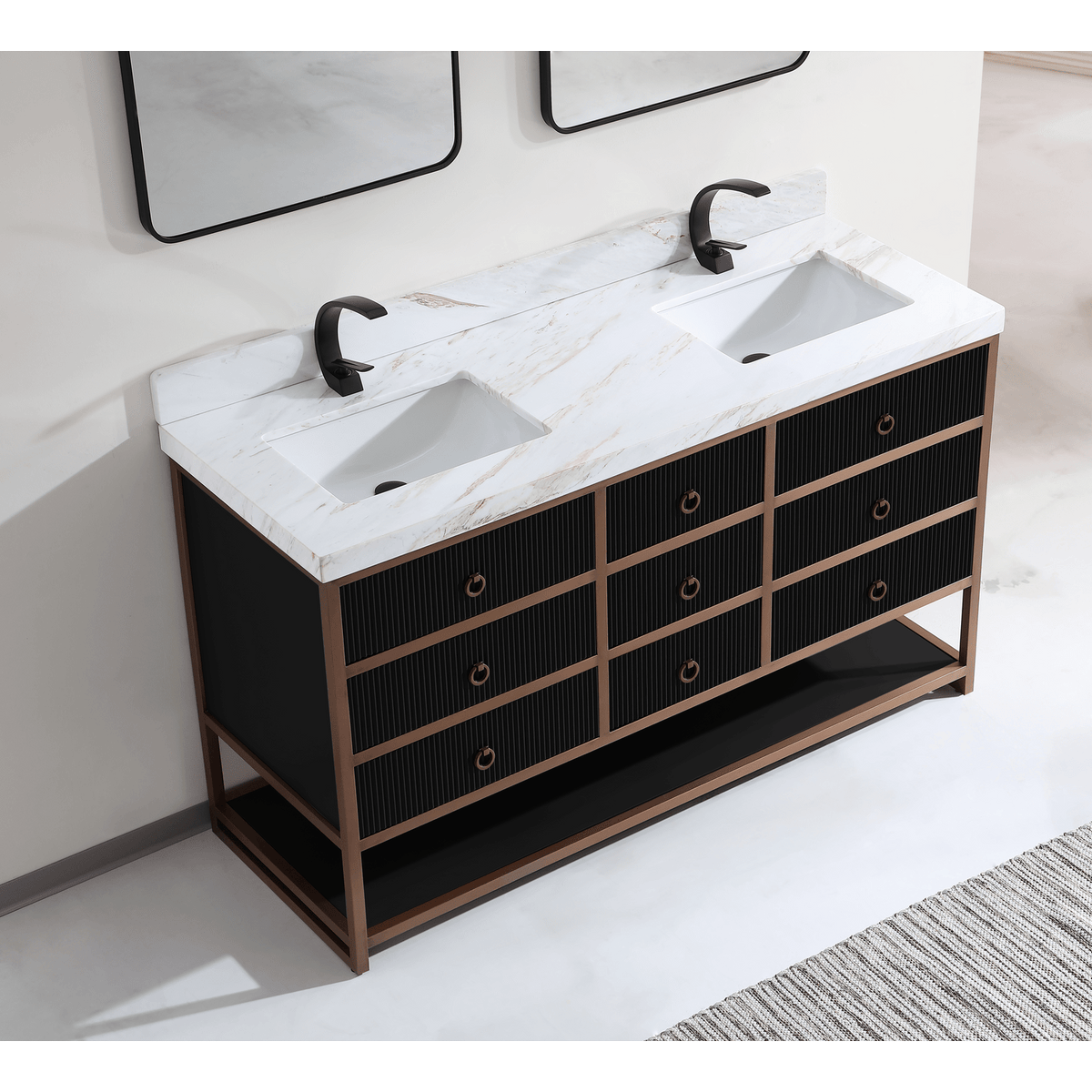 Legion Furniture 60" Double Vanity with Golden Brush Stainless Steel Frame and Tricorn Black Finish with 2" Thick White Natural Marble Countertop – – –