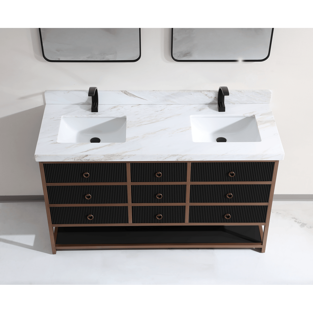 Legion Furniture 60" Double Vanity with Golden Brush Stainless Steel Frame and Tricorn Black Finish with 2" Thick White Natural Marble Countertop – – –