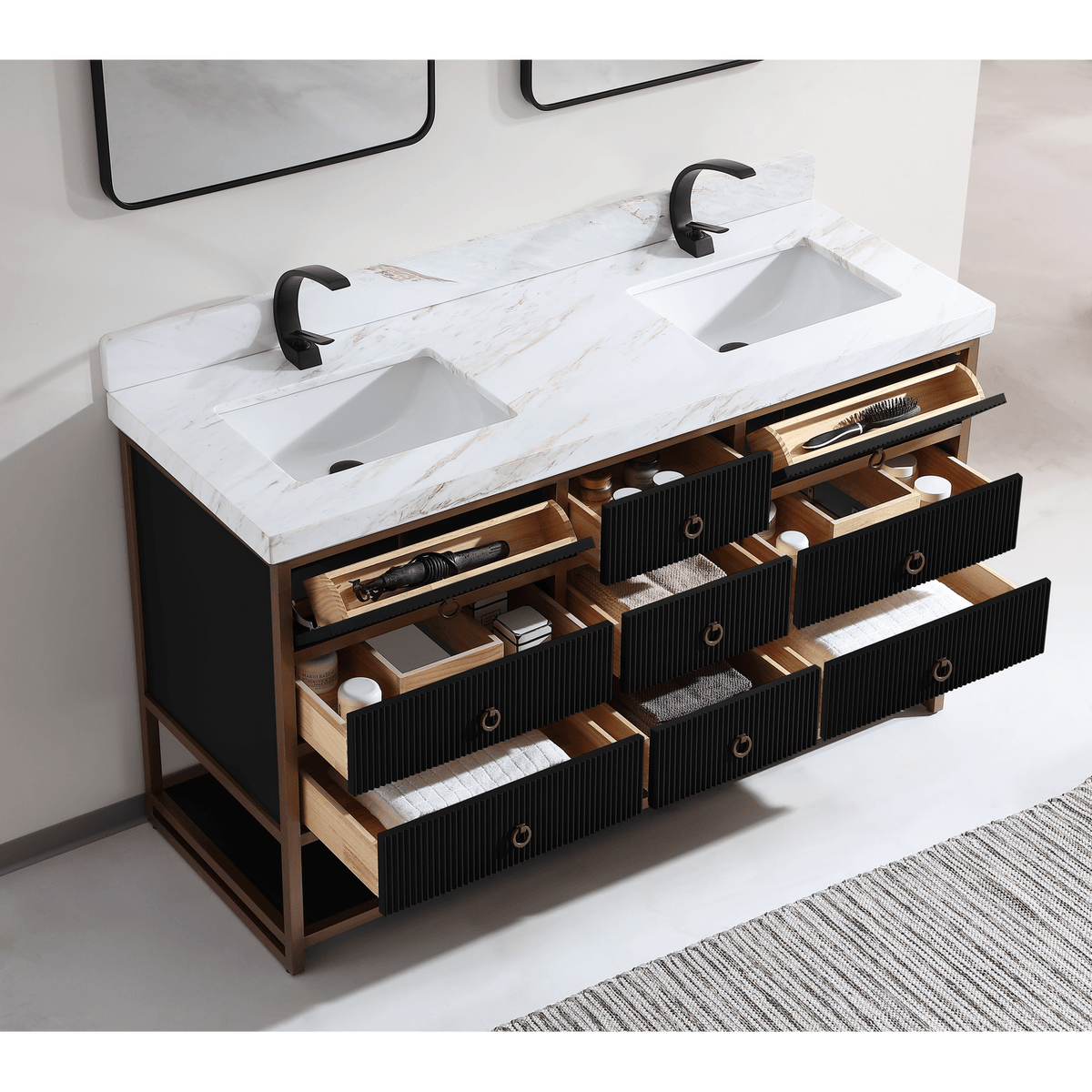 Legion Furniture 60" Double Vanity with Golden Brush Stainless Steel Frame and Tricorn Black Finish with 2" Thick White Natural Marble Countertop – – –