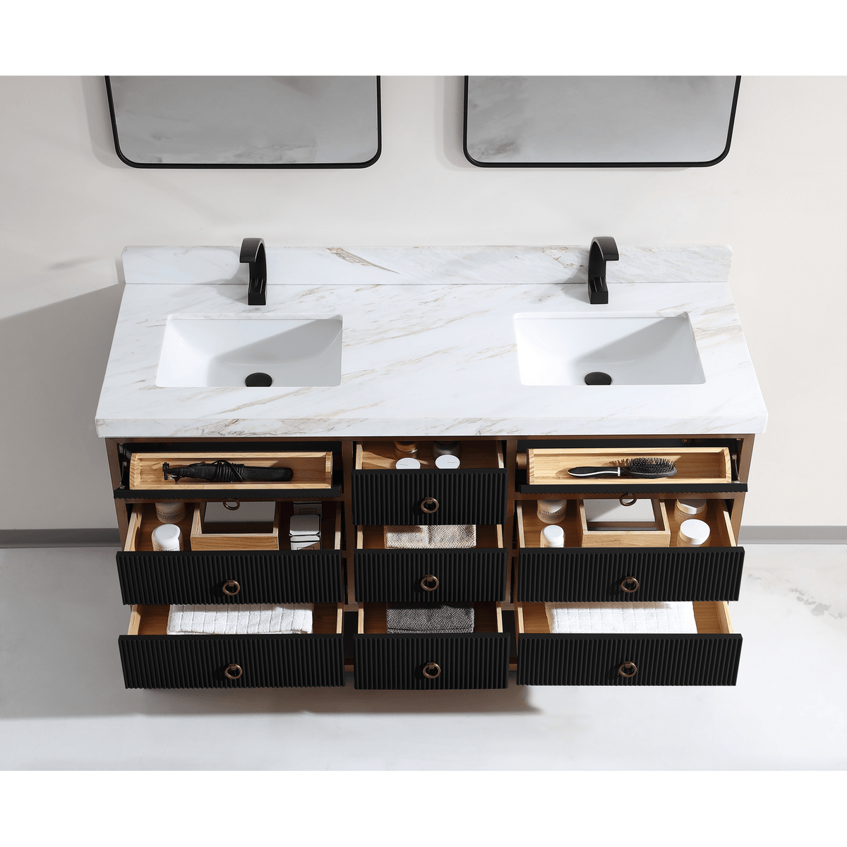 Legion Furniture 60" Double Vanity with Golden Brush Stainless Steel Frame and Tricorn Black Finish with 2" Thick White Natural Marble Countertop – – –