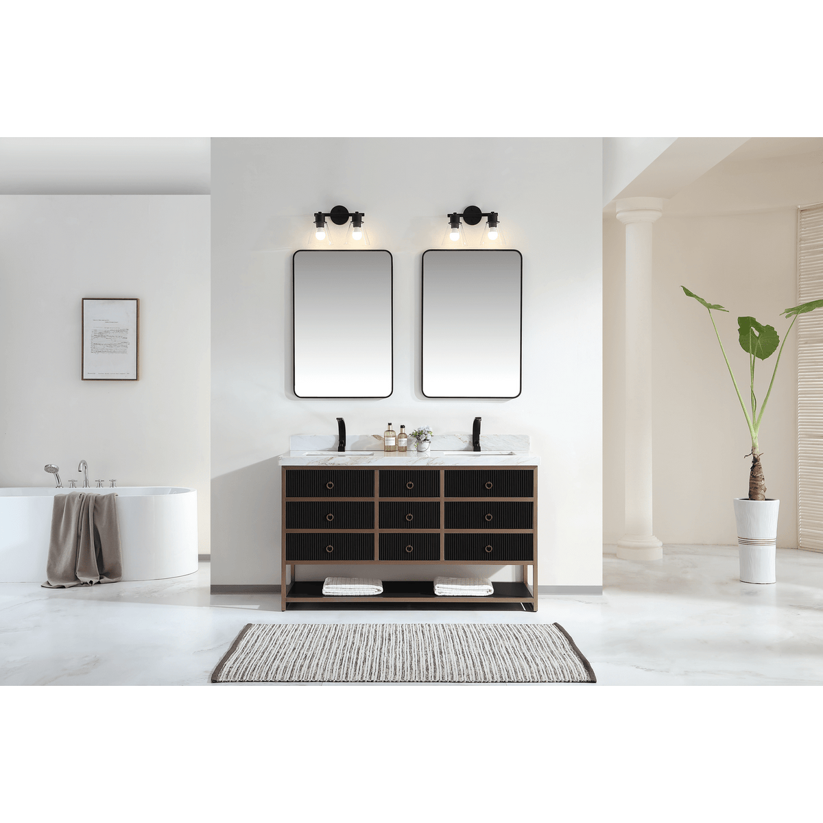 Legion Furniture 60" Double Vanity with Golden Brush Stainless Steel Frame and Tricorn Black Finish with 2" Thick White Natural Marble Countertop – – –