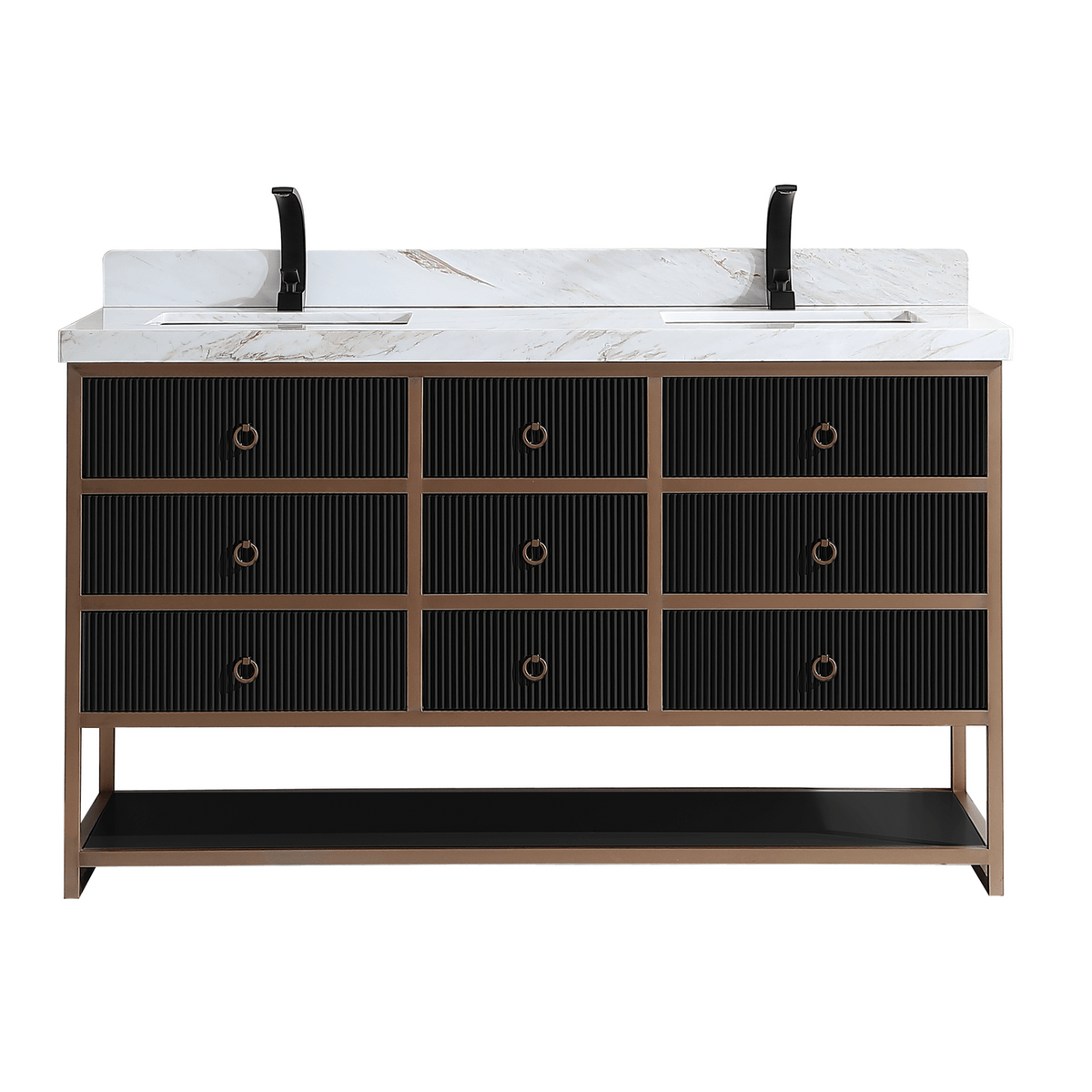 Legion Furniture 60" Double Vanity with Golden Brush Stainless Steel Frame and Tricorn Black Finish with 2" Thick White Natural Marble Countertop – – –