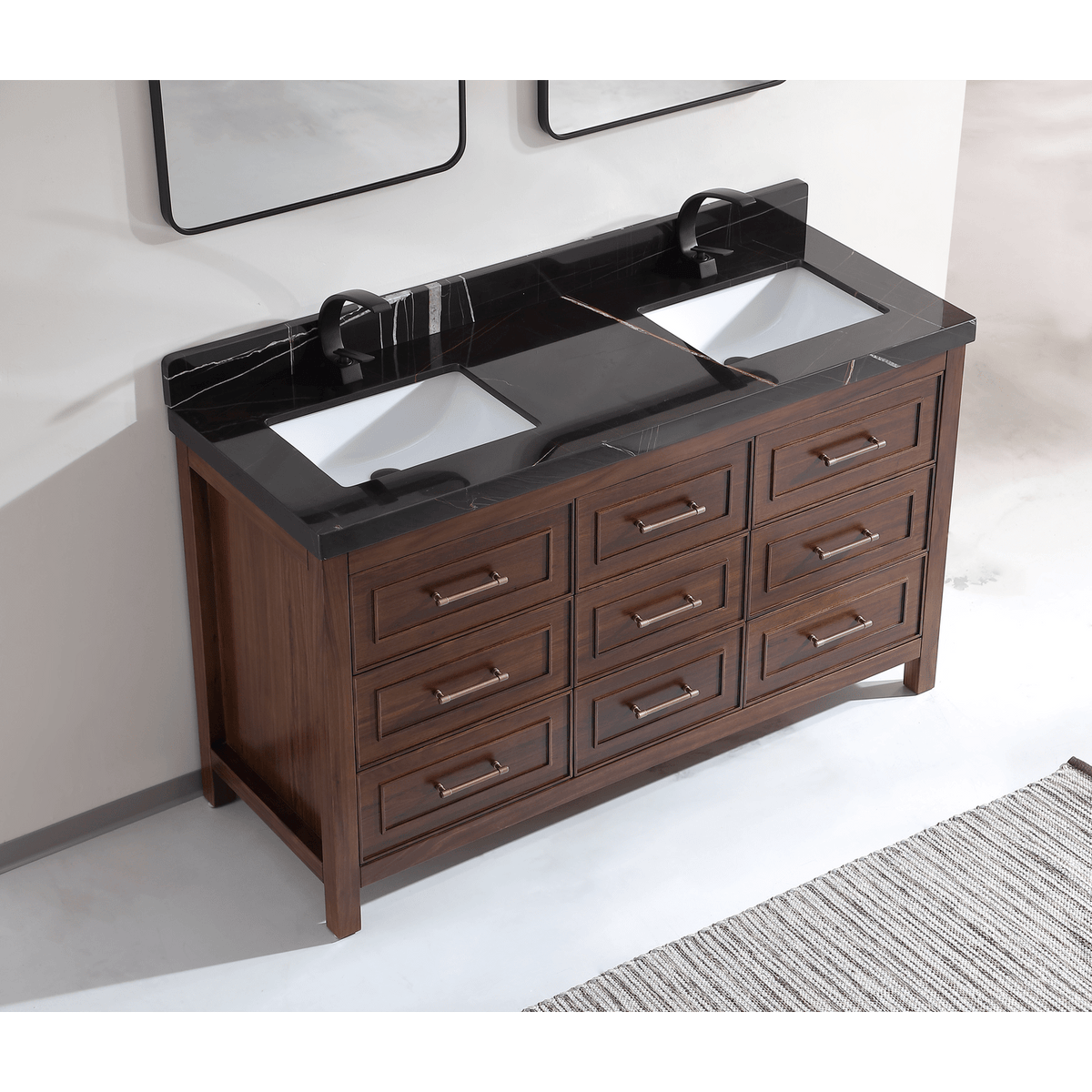 Legion Furniture 60" Ebony Double Vanity Dark Finish with 2" Thick Black Marble Countertop – – –