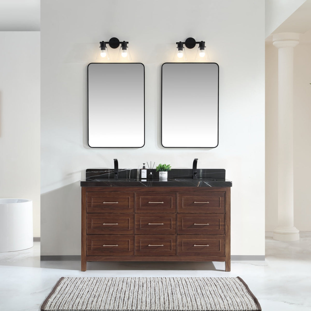 Legion Furniture 60" Ebony Double Vanity Dark Finish with 2" Thick Black Marble Countertop – – –