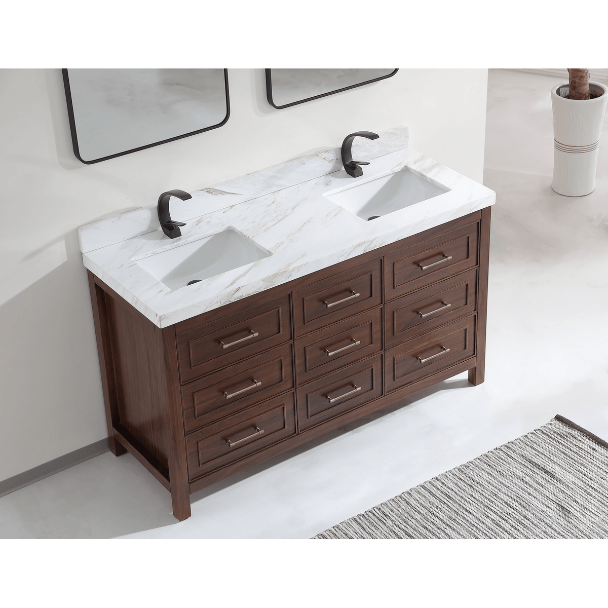 Legion Furniture 60" Ebony Double Vanity Dark Finish with 2" Thick White Natural Marble Countertop – – –