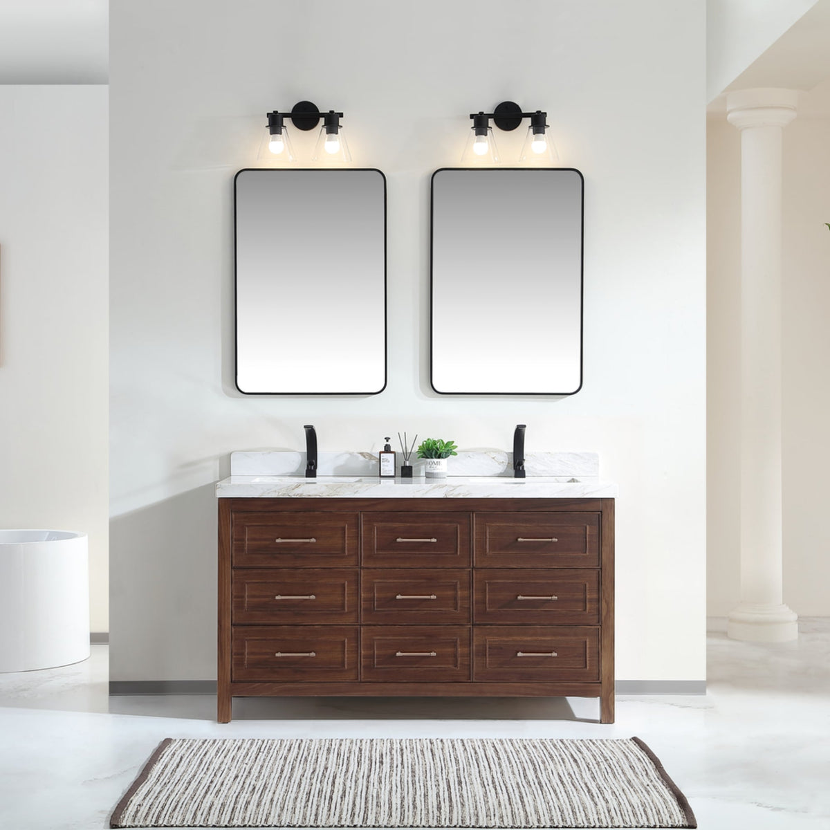 Legion Furniture 60" Ebony Double Vanity Dark Finish with 2" Thick White Natural Marble Countertop – – –