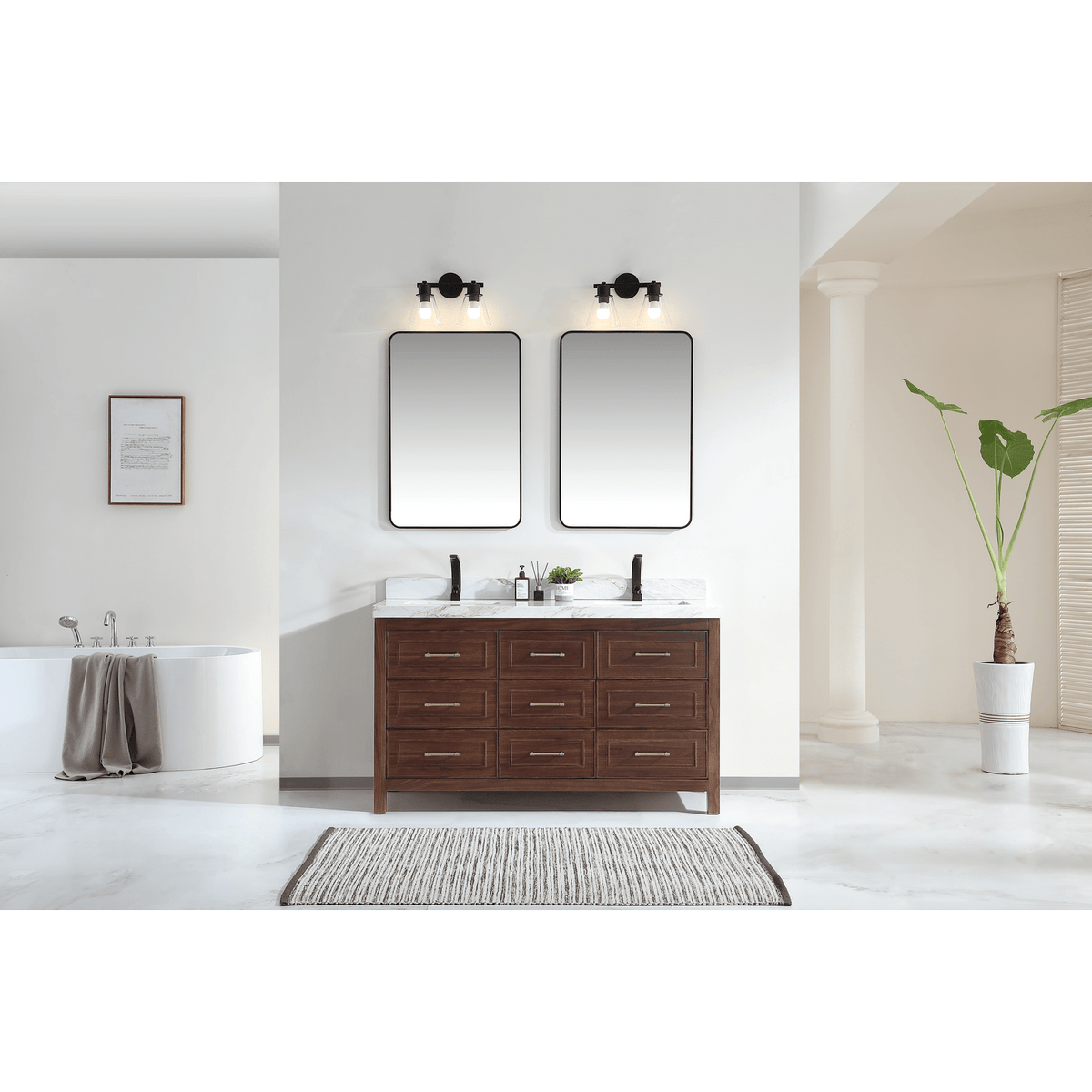 Legion Furniture 60" Ebony Double Vanity Dark Finish with 2" Thick White Natural Marble Countertop – – –