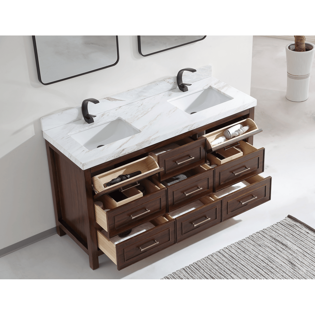 Legion Furniture 60" Ebony Double Vanity Dark Finish with 2" Thick White Natural Marble Countertop – – –