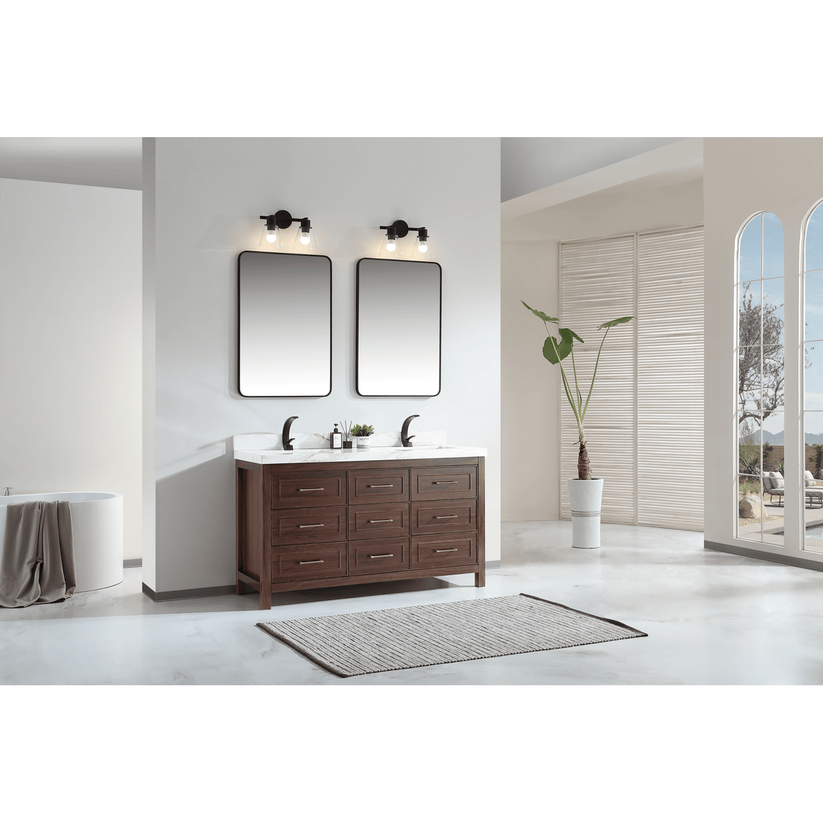 Legion Furniture 60" Ebony Double Vanity Dark Finish with 2" Thick White Natural Marble Countertop – – –