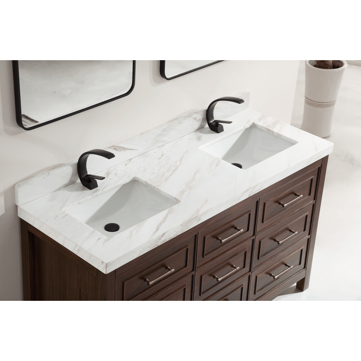 Legion Furniture 60" Ebony Double Vanity Dark Finish with 2" Thick White Natural Marble Countertop – – –