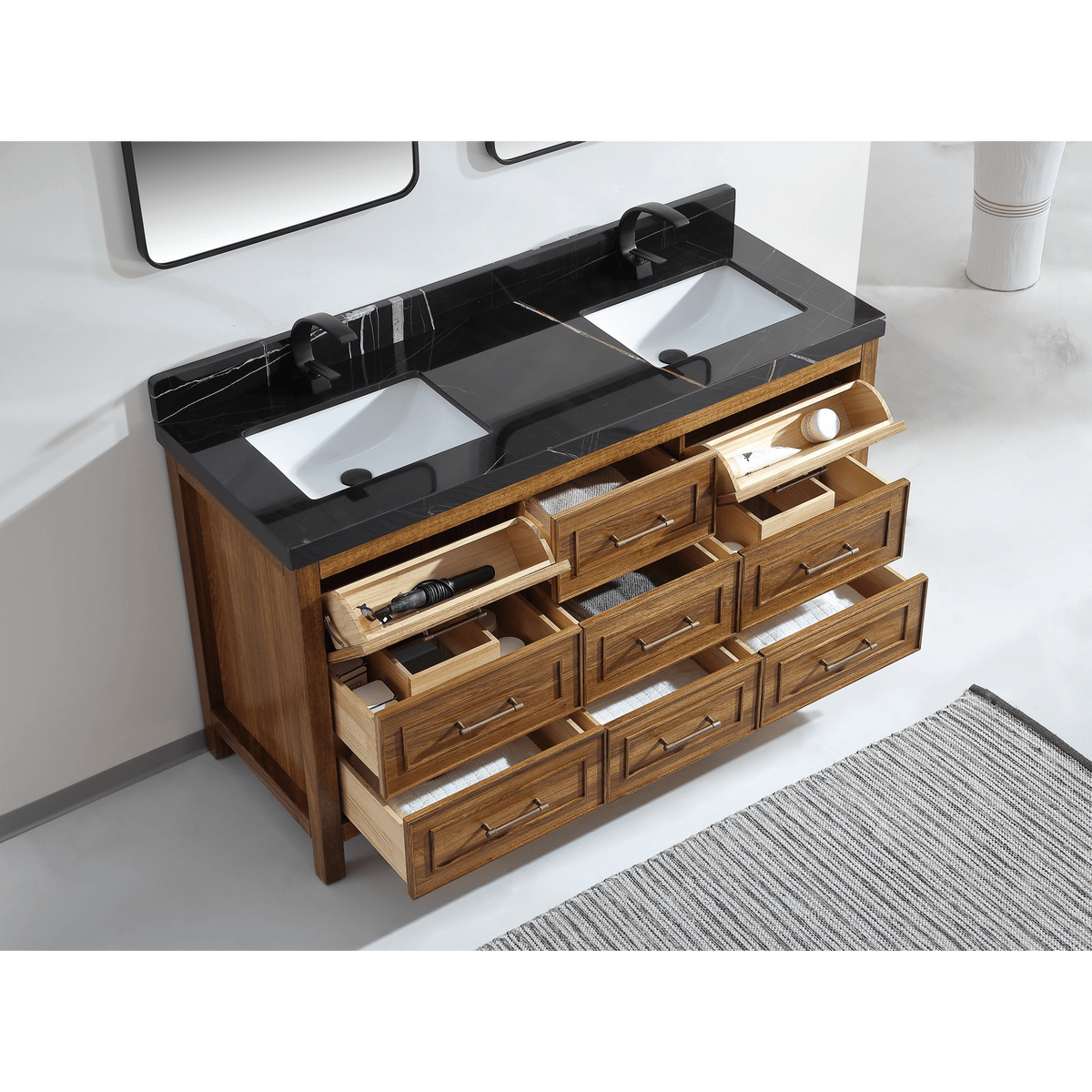 Legion Furniture 60" Ebony Double Vanity Light Finish with 2" Thick Black Natural Marble Countertop – – –