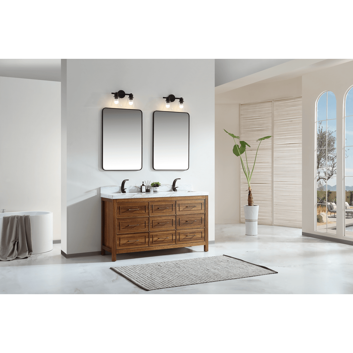 Legion Furniture 60" Ebony Double Vanity Light Finish with 2" Thick White Natural Marble Countertop – – –