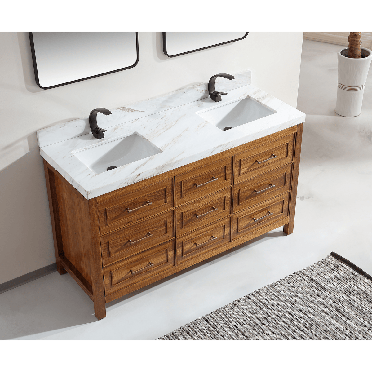 Legion Furniture 60" Ebony Double Vanity Light Finish with 2" Thick White Natural Marble Countertop – – –