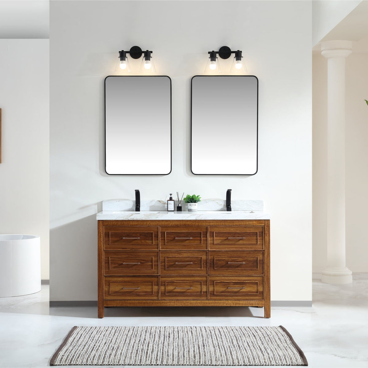 Legion Furniture 60" Ebony Double Vanity Light Finish with 2" Thick White Natural Marble Countertop – – –