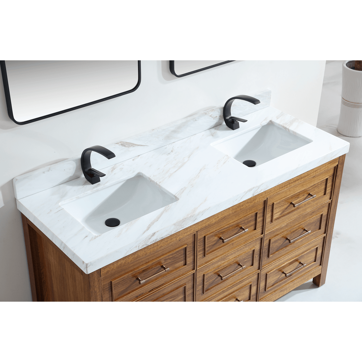 Legion Furniture 60" Ebony Double Vanity Light Finish with 2" Thick White Natural Marble Countertop – – –