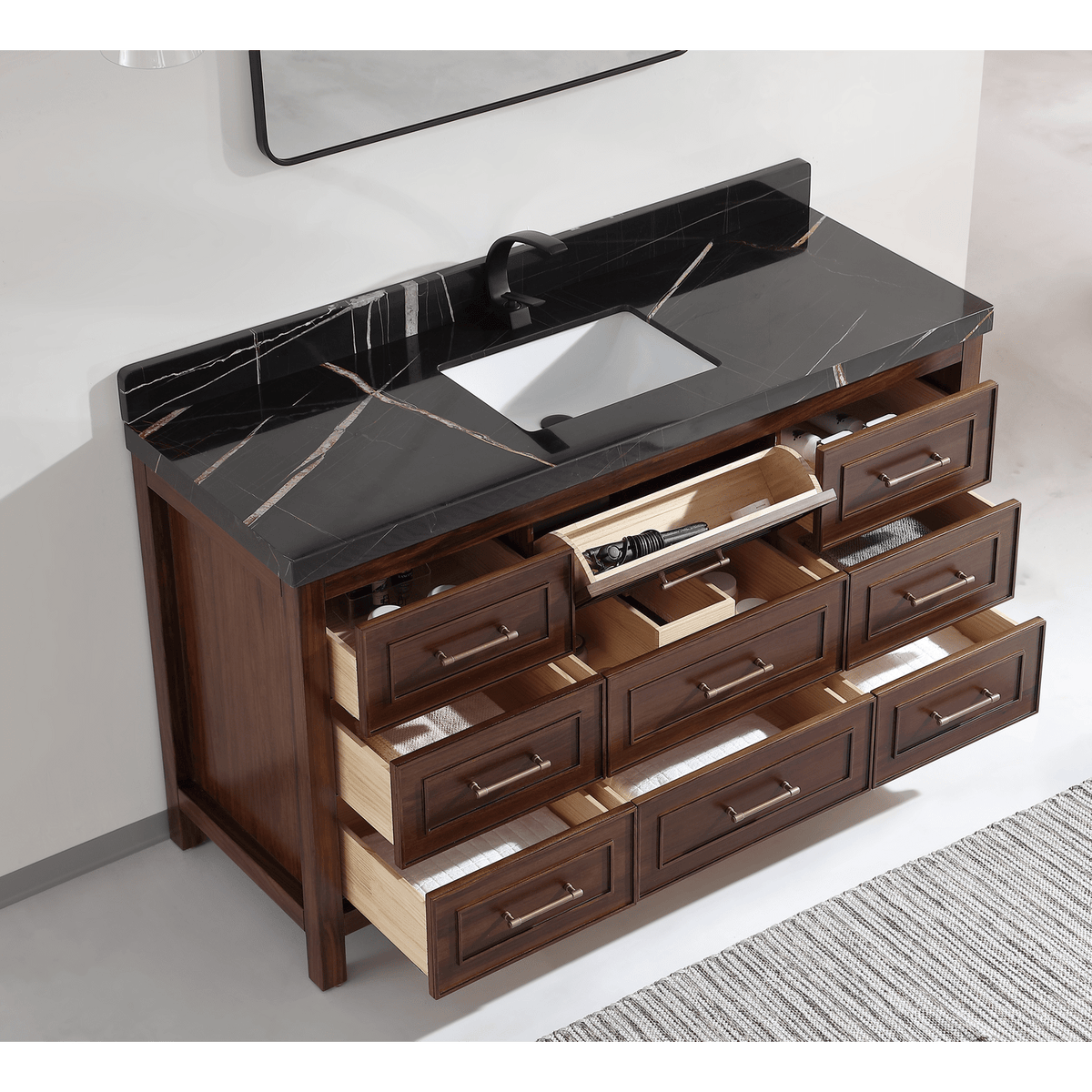 Legion Furniture 60" Ebony Single Vanity Dark Finish with 2" Thick Black Natural Marble Countertop – – –