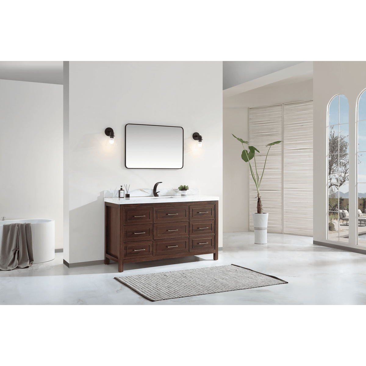 Legion Furniture 60" Ebony Single Vanity Dark Finish with 2" Thick White Natural Marble Countertop – – –