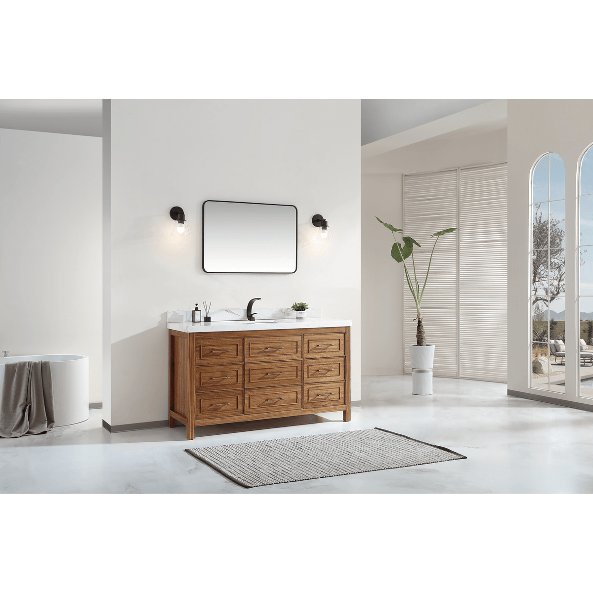 Legion Furniture 60" Ebony Single Vanity Light Finish with 2" Thick White Natural Marble Countertop – – –