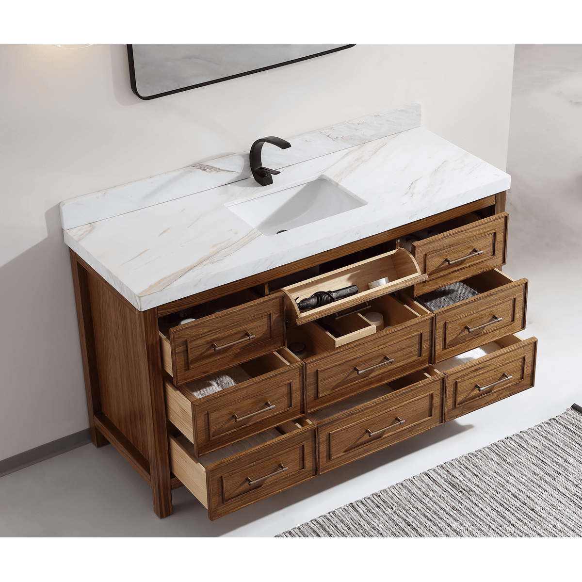 Legion Furniture 60" Ebony Single Vanity Light Finish with 2" Thick White Natural Marble Countertop – – –