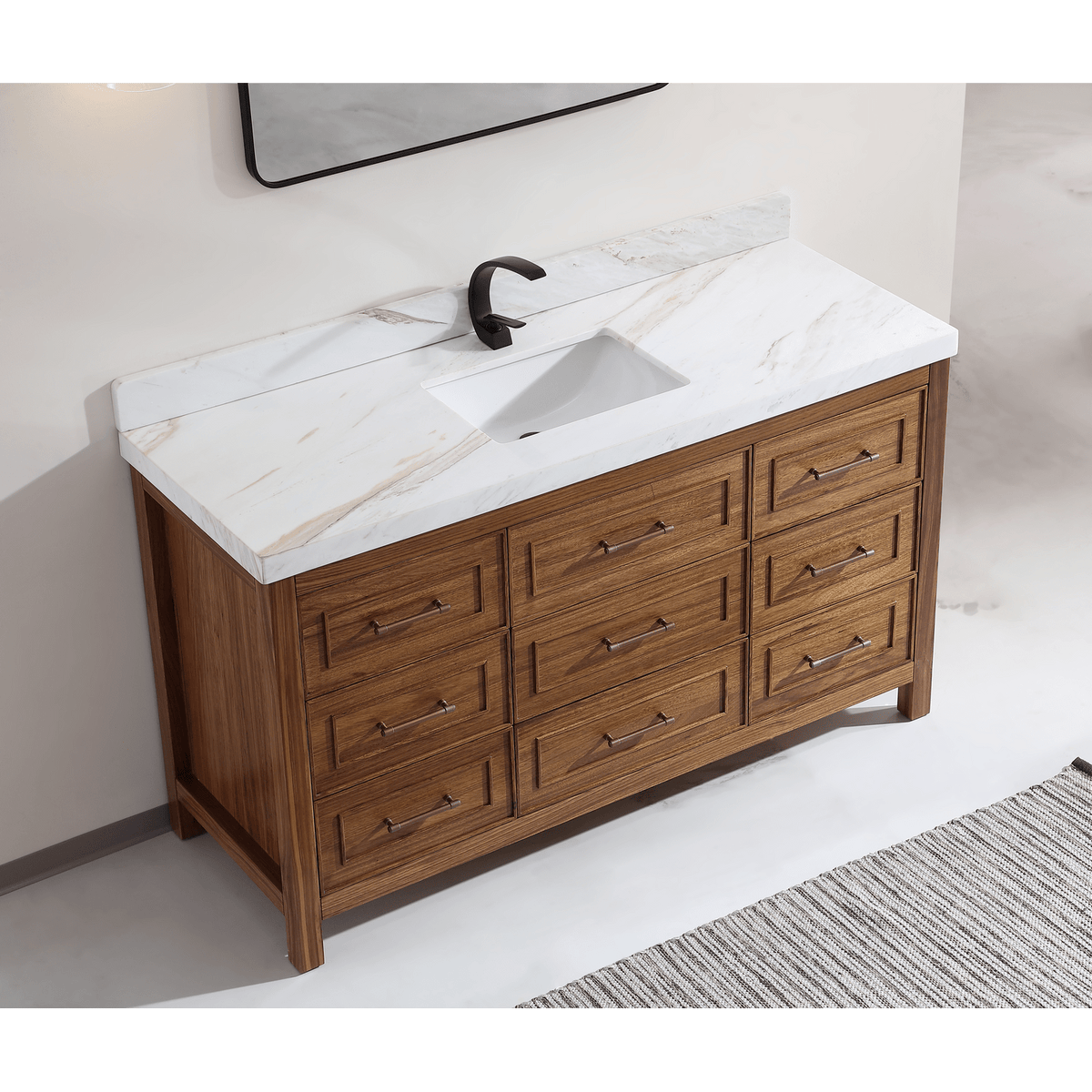 Legion Furniture 60" Ebony Single Vanity Light Finish with 2" Thick White Natural Marble Countertop – – –