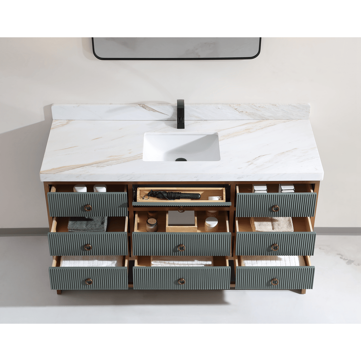 Legion Furniture 60" Single Vanity with Golden Brush Stainless Steel Frame and Pewter Green Finish with 2" Thick White Natural Marble Countertop – – –