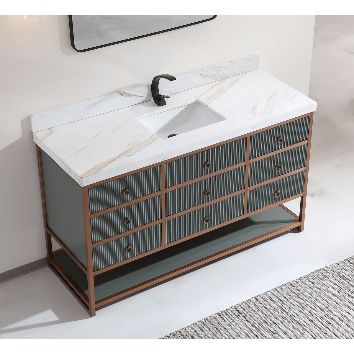 Legion Furniture 60" Single Vanity with Golden Brush Stainless Steel Frame and Pewter Green Finish with 2" Thick White Natural Marble Countertop – – –