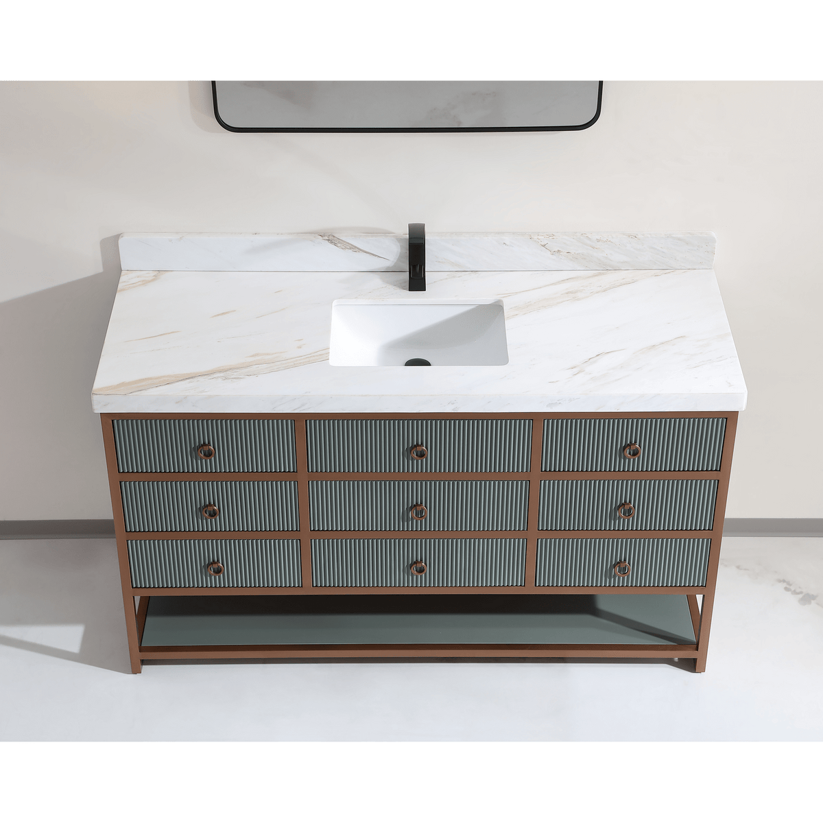 Legion Furniture 60" Single Vanity with Golden Brush Stainless Steel Frame and Pewter Green Finish with 2" Thick White Natural Marble Countertop – – –