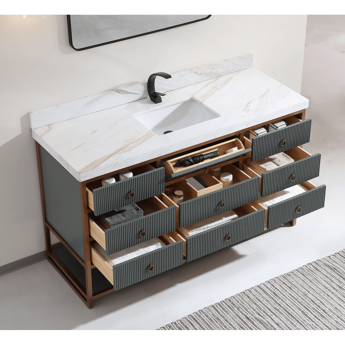 Legion Furniture 60" Single Vanity with Golden Brush Stainless Steel Frame and Pewter Green Finish with 2" Thick White Natural Marble Countertop – – –