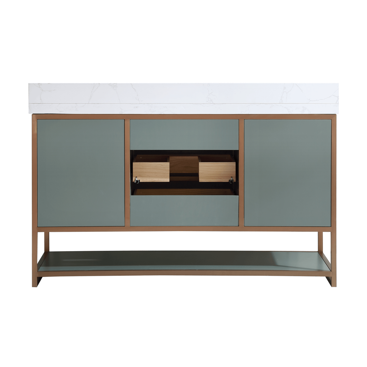 Legion Furniture 60" Single Vanity with Golden Brush Stainless Steel Frame and Pewter Green Finish with 2" Thick White Natural Marble Countertop – – –