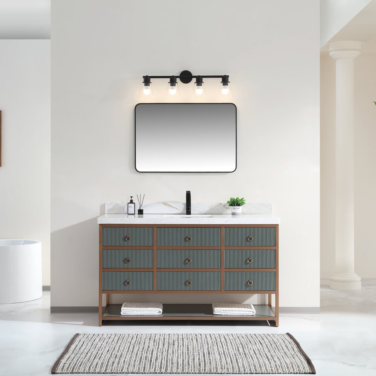 Legion Furniture 60" Single Vanity with Golden Brush Stainless Steel Frame and Pewter Green Finish with 2" Thick White Natural Marble Countertop – – –