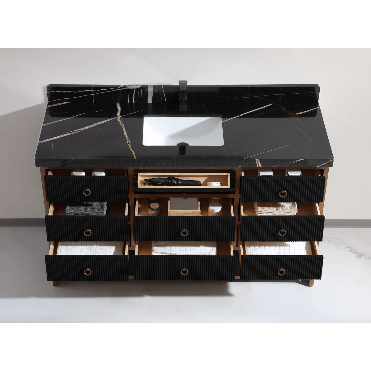 Legion Furniture 60" Single Vanity with Golden Brush Stainless Steel Frame and Tricorn Black Finish with 2" Thick Black Natural Marble Countertop – – –