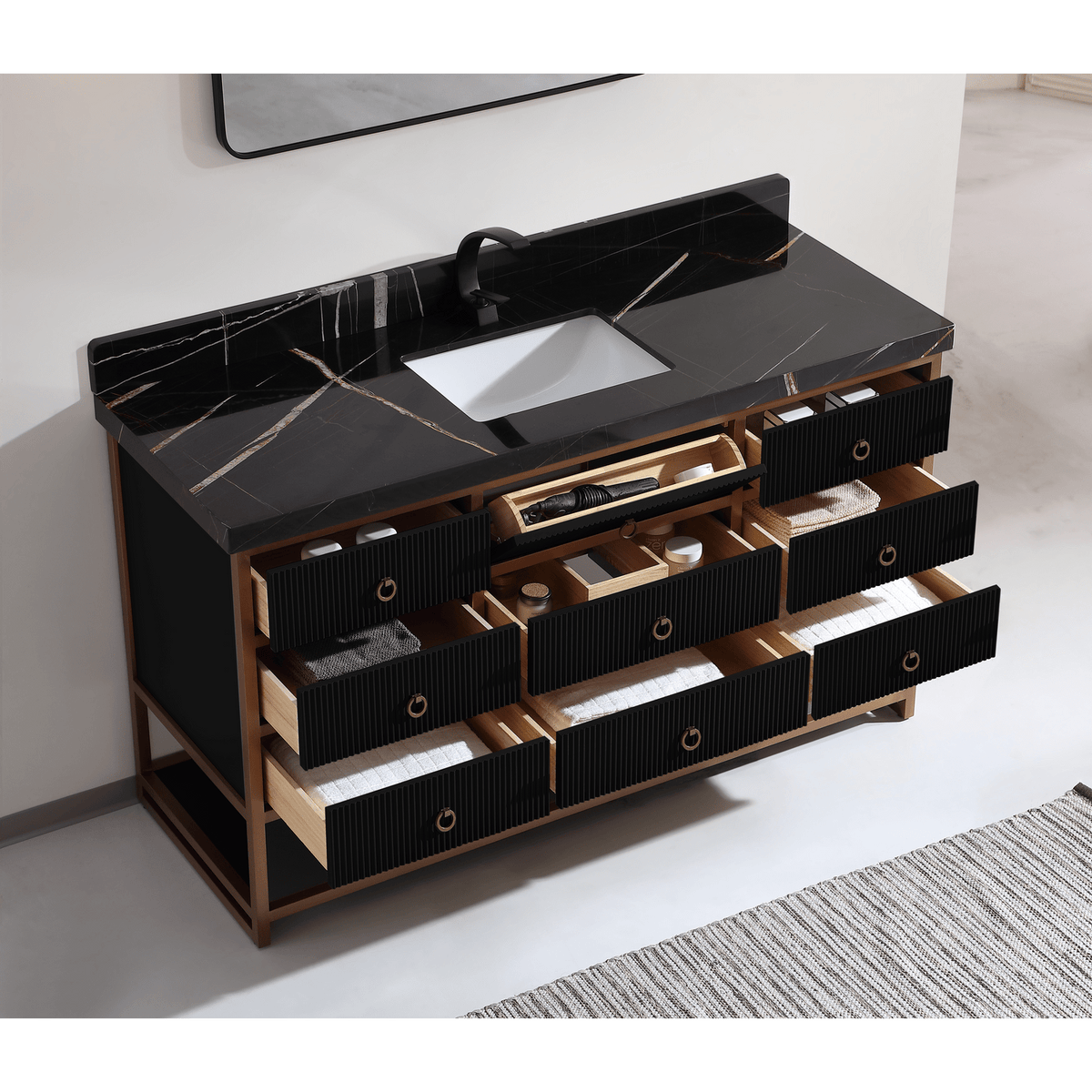 Legion Furniture 60" Single Vanity with Golden Brush Stainless Steel Frame and Tricorn Black Finish with 2" Thick Black Natural Marble Countertop – – –