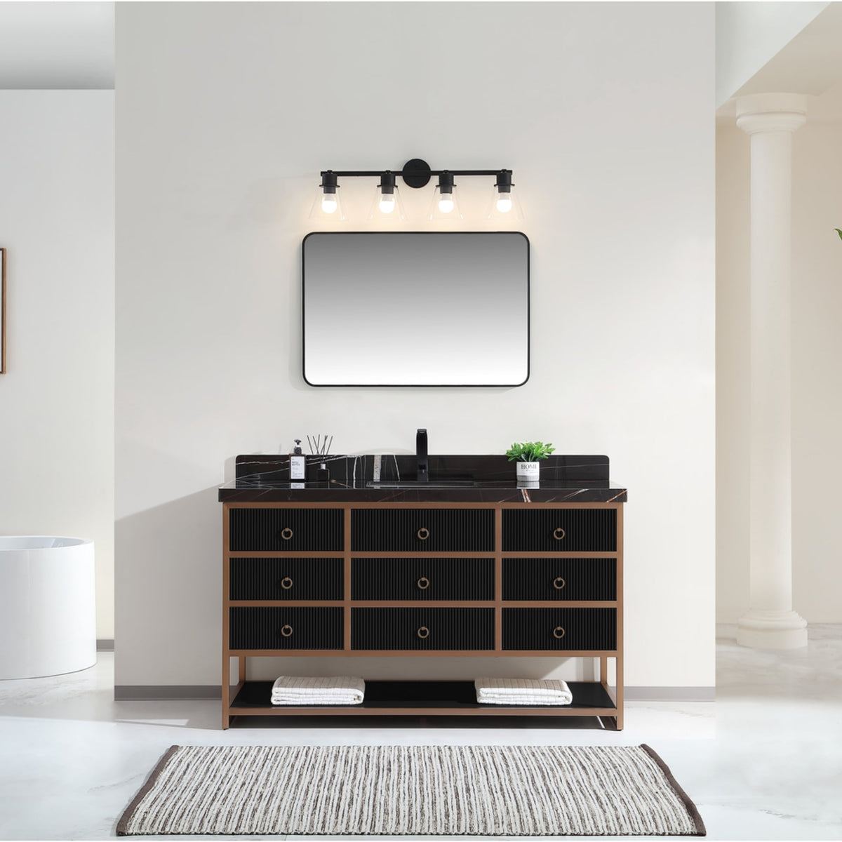 Legion Furniture 60" Single Vanity with Golden Brush Stainless Steel Frame and Tricorn Black Finish with 2" Thick Black Natural Marble Countertop – – –