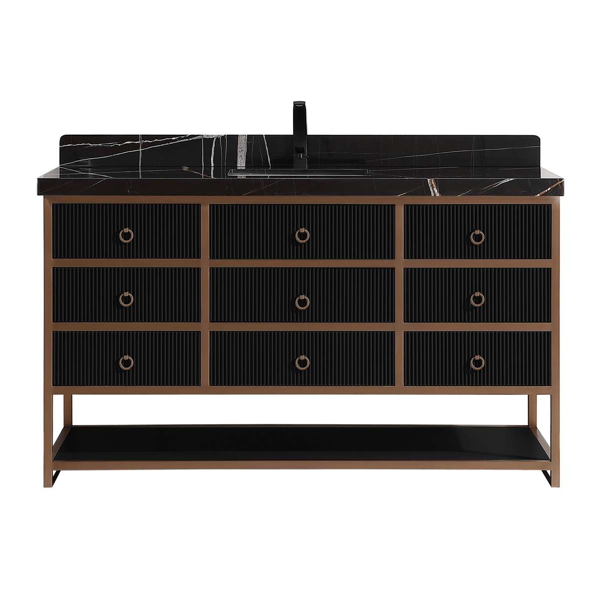 Legion Furniture 60" Single Vanity with Golden Brush Stainless Steel Frame and Tricorn Black Finish with 2" Thick Black Natural Marble Countertop – – –