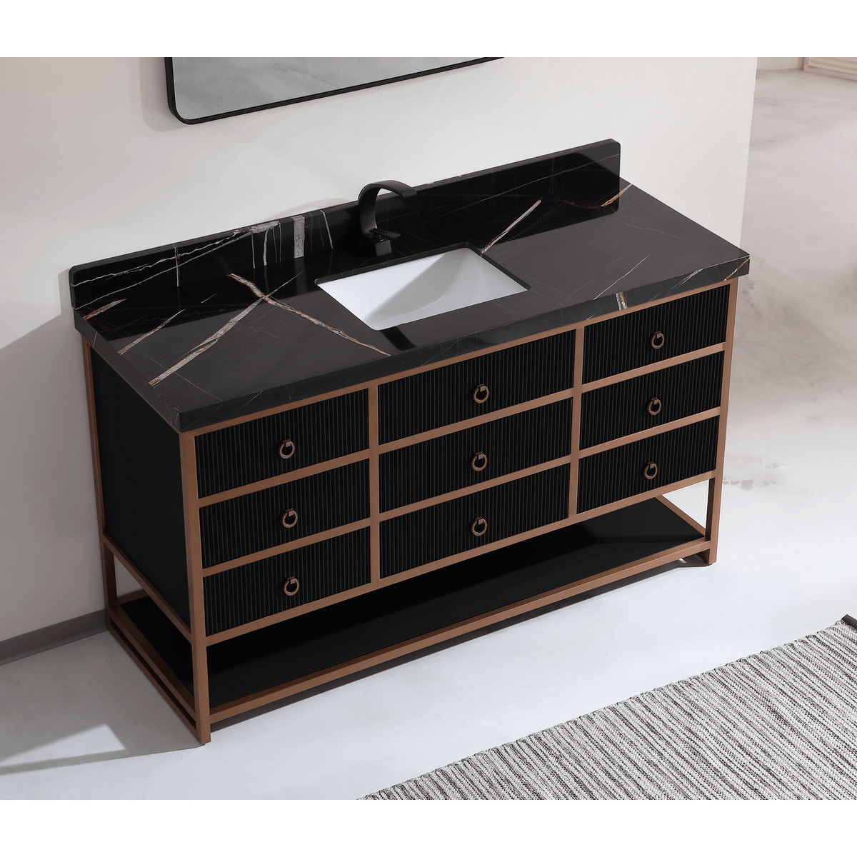 Legion Furniture 60" Single Vanity with Golden Brush Stainless Steel Frame and Tricorn Black Finish with 2" Thick Black Natural Marble Countertop – – –