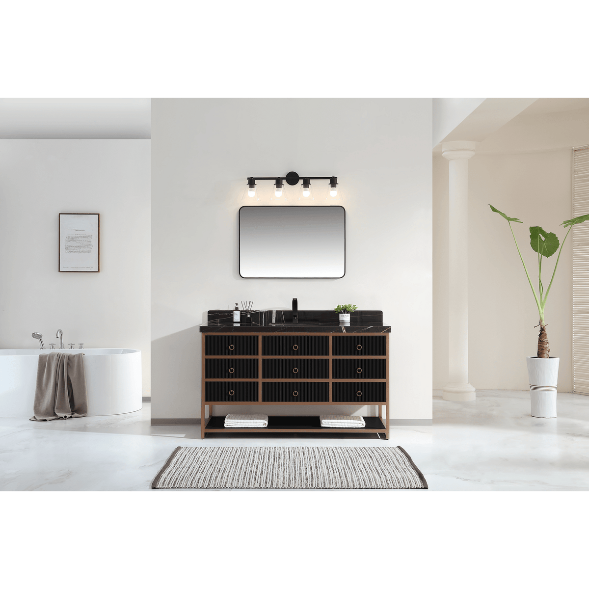 Legion Furniture 60" Single Vanity with Golden Brush Stainless Steel Frame and Tricorn Black Finish with 2" Thick Black Natural Marble Countertop – – –