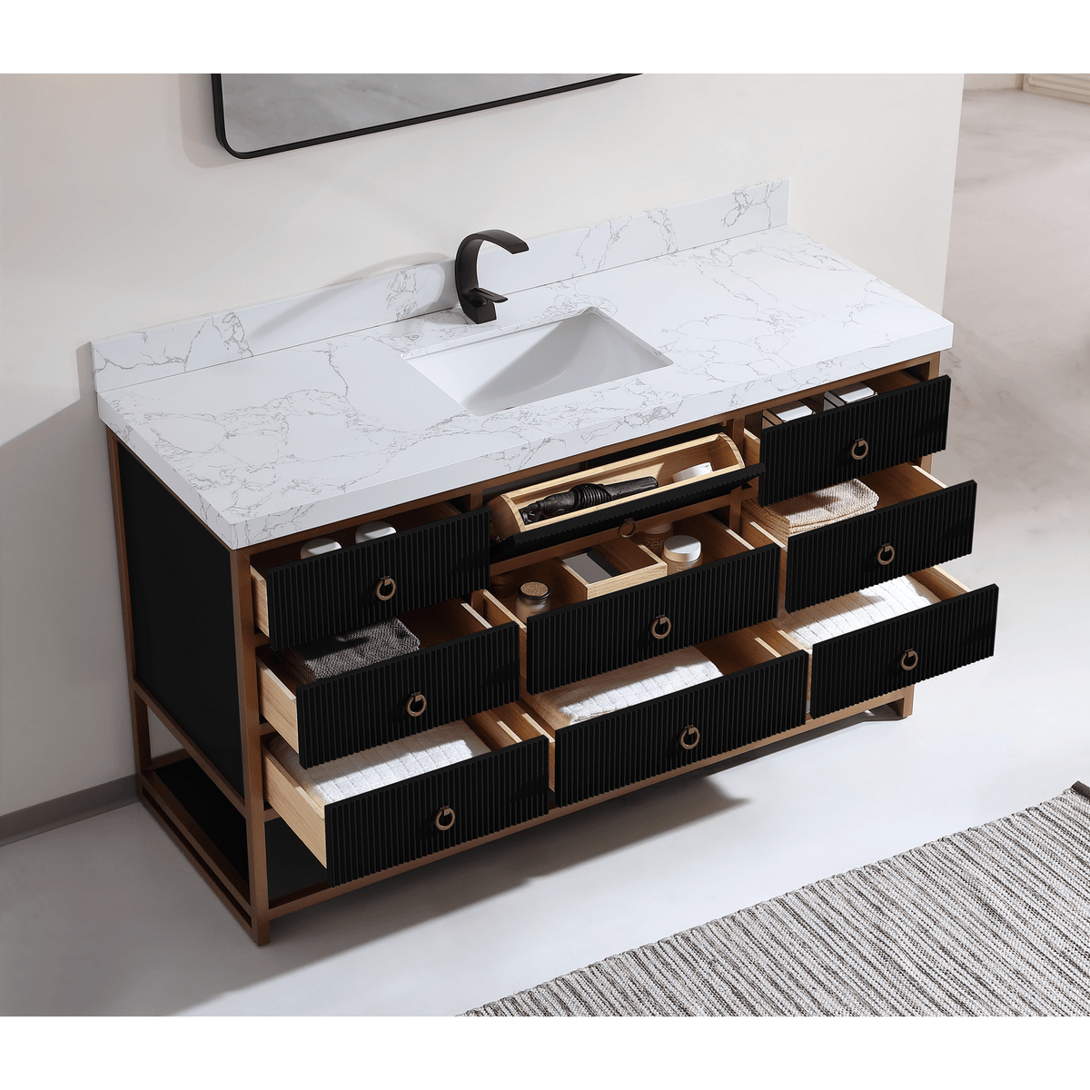 Legion Furniture 60" Single Vanity with Golden Brush Stainless Steel Frame and Tricorn Black Finish with 2' Thick White Artificial Stone Countertop – – –