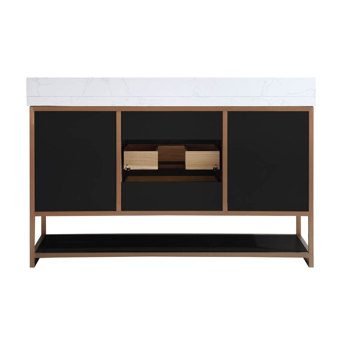 Legion Furniture 60" Single Vanity with Golden Brush Stainless Steel Frame and Tricorn Black Finish with 2' Thick White Artificial Stone Countertop – – –