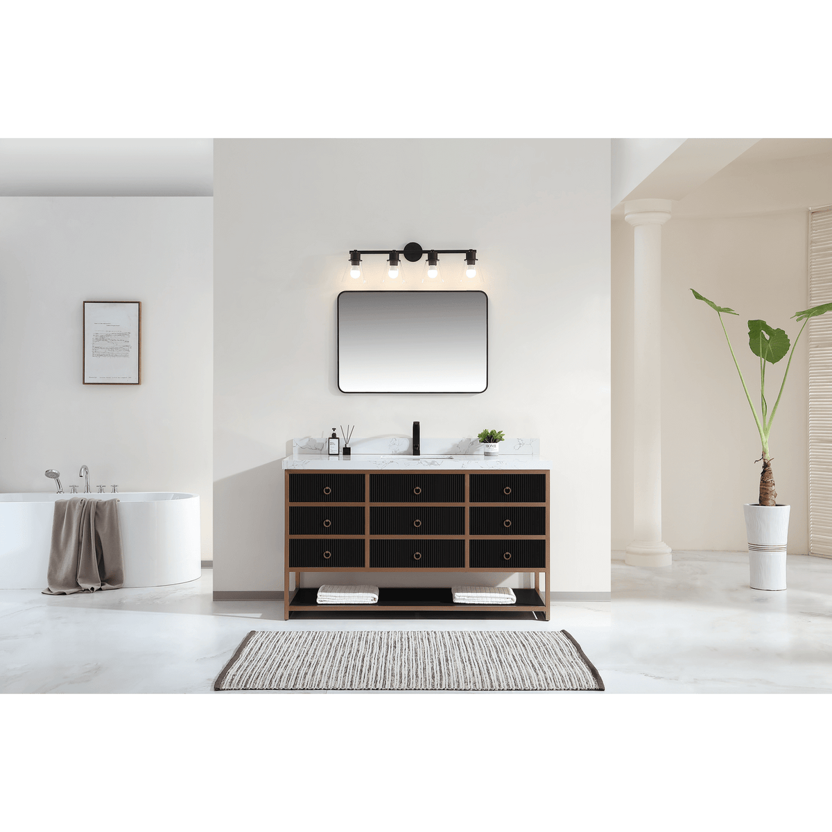 Legion Furniture 60" Single Vanity with Golden Brush Stainless Steel Frame and Tricorn Black Finish with 2' Thick White Artificial Stone Countertop – – –