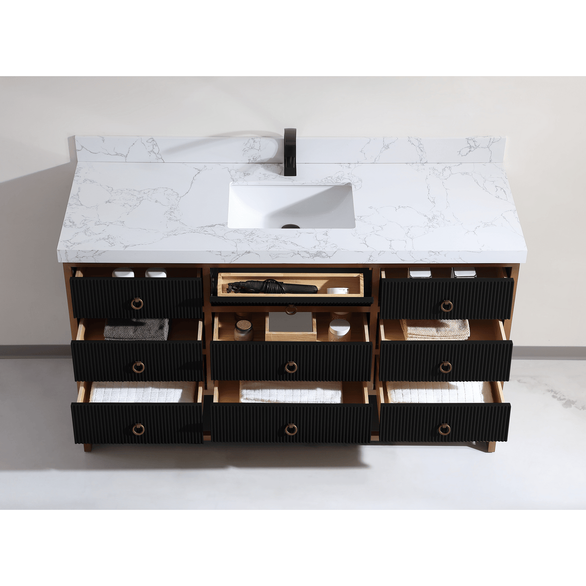 Legion Furniture 60" Single Vanity with Golden Brush Stainless Steel Frame and Tricorn Black Finish with 2' Thick White Artificial Stone Countertop – – –