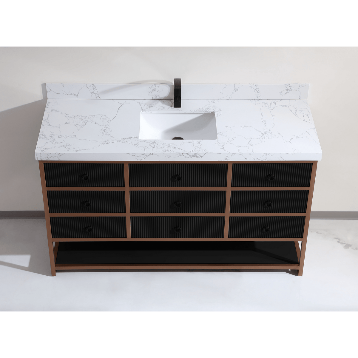 Legion Furniture 60" Single Vanity with Golden Brush Stainless Steel Frame and Tricorn Black Finish with 2' Thick White Artificial Stone Countertop – – –