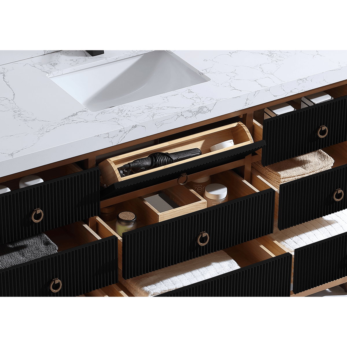 Legion Furniture 60" Single Vanity with Golden Brush Stainless Steel Frame and Tricorn Black Finish with 2' Thick White Artificial Stone Countertop – – –